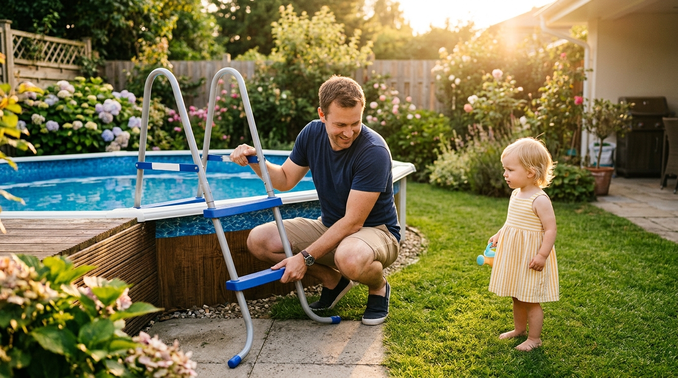 Père retirant l'échelle d'une piscine hors-sol par sécurité