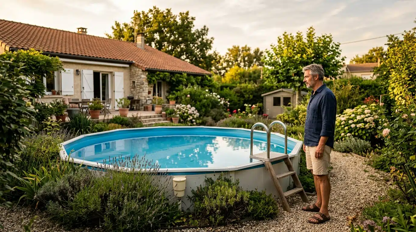 Propriétaire réfléchissant devant sa piscine hors-sol dans le jardin