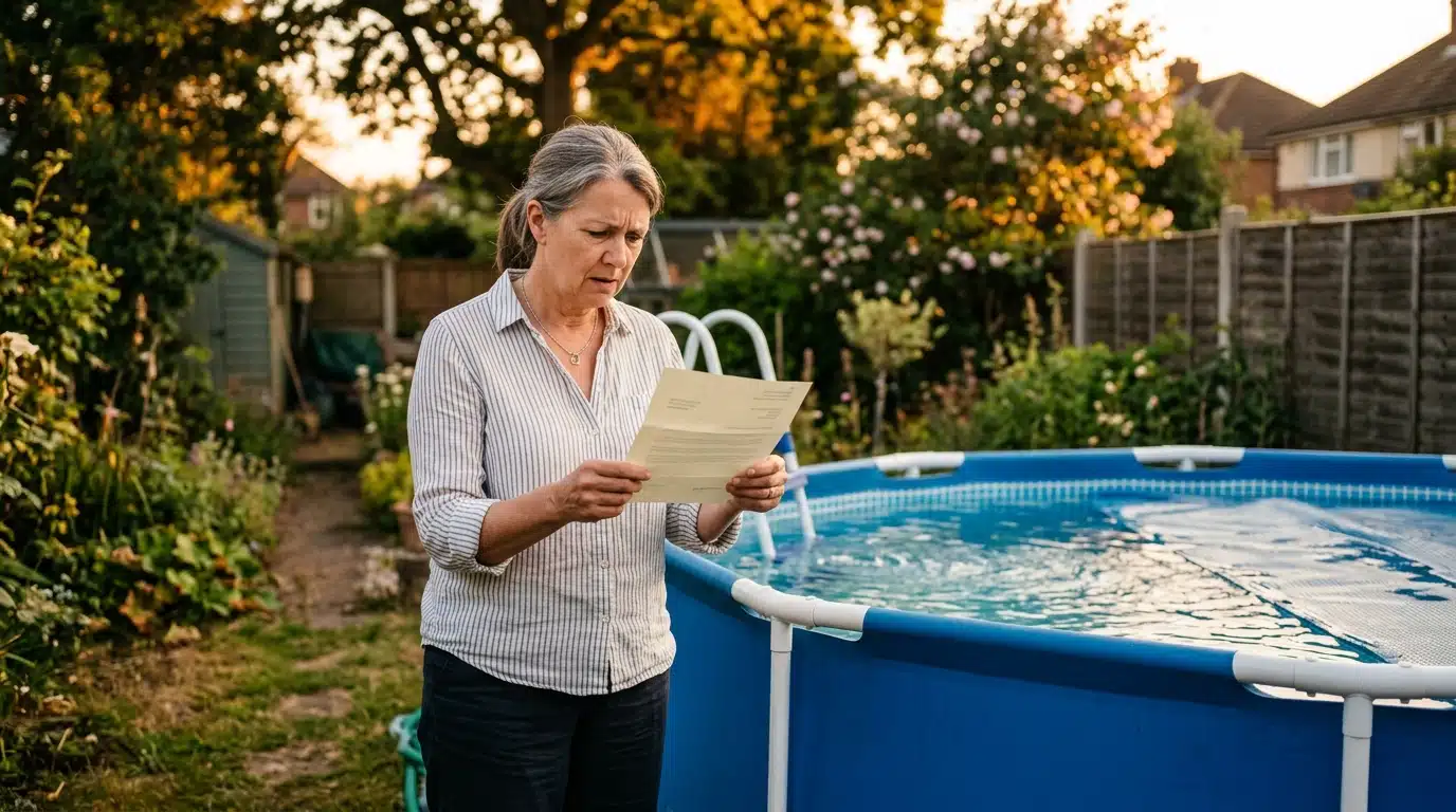 Propriétaire inquiet tenant une lettre près de sa piscine