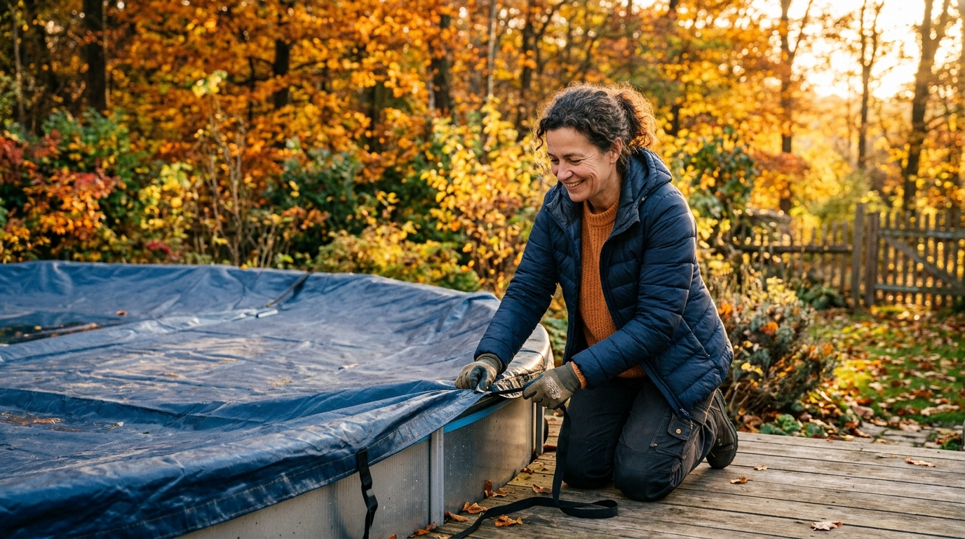 Installation de la bâche d'hivernage sur la piscine