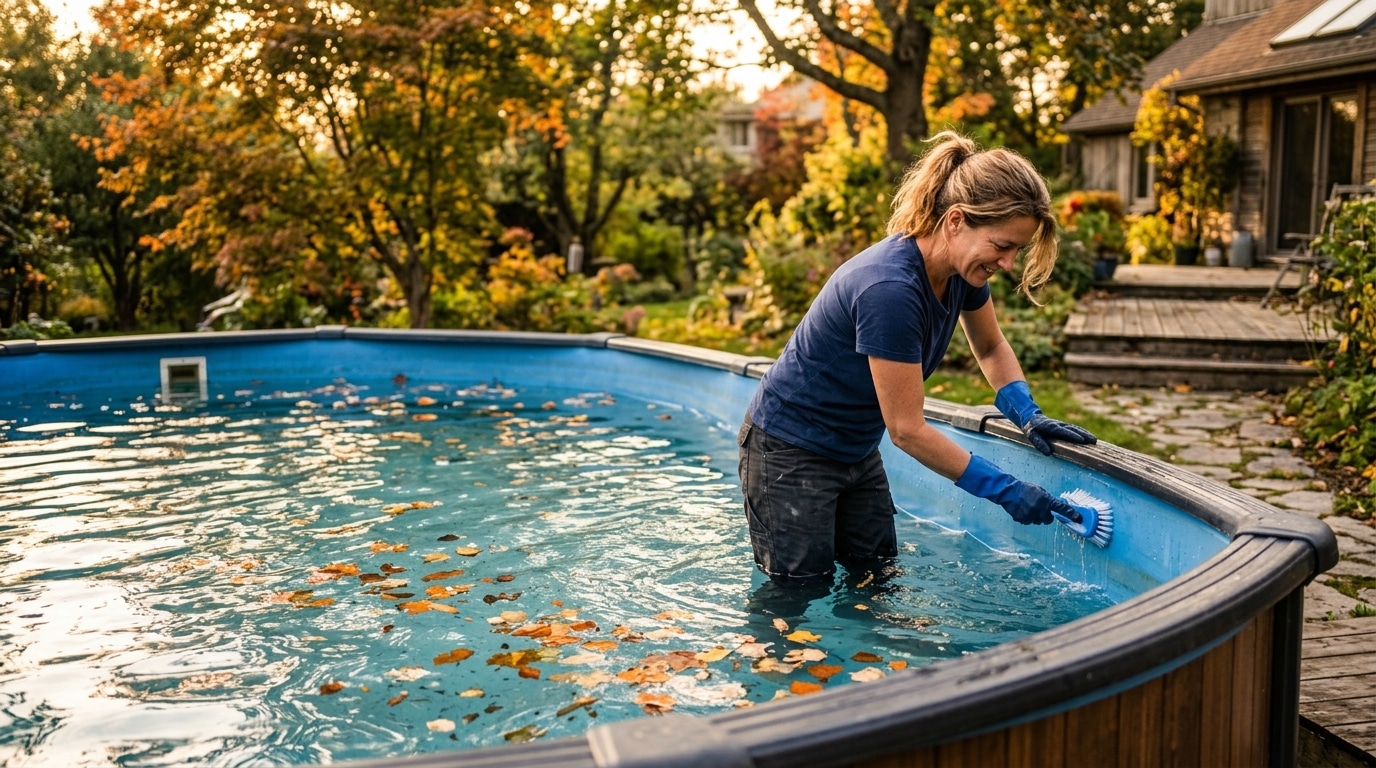 Nettoyage des parois d'une piscine hors-sol en septembre