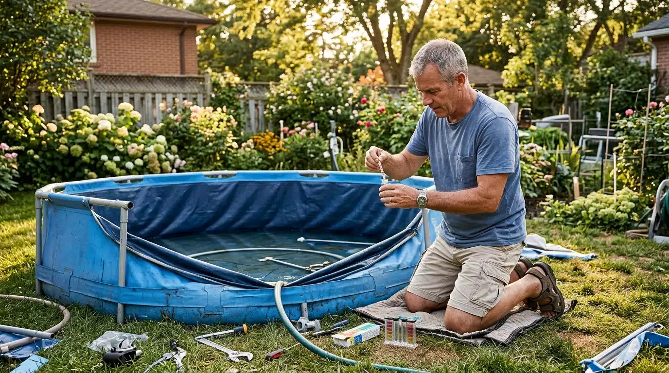 Homme testant l'eau d'une piscine hors-sol avant démontage