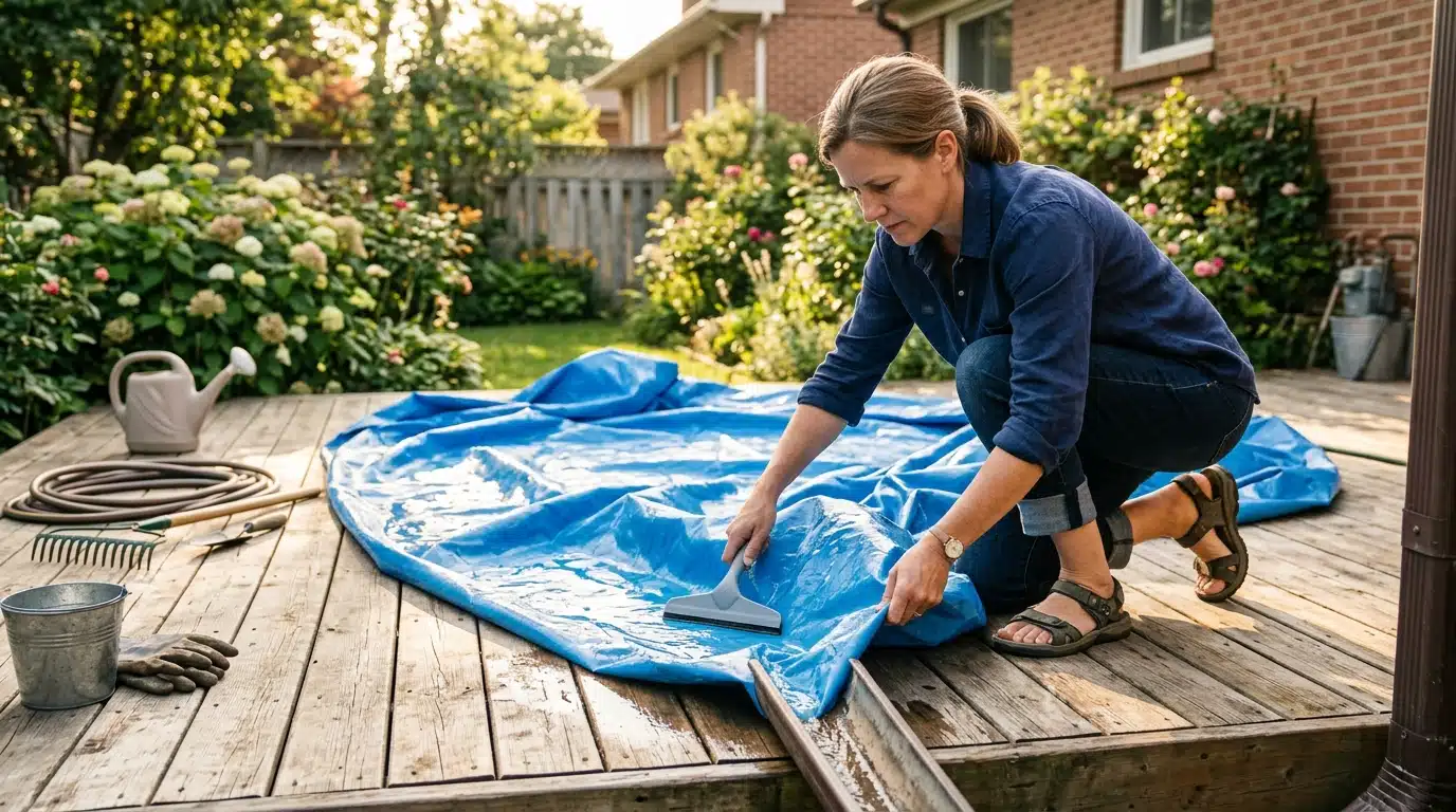 Femme faisant sécher un liner de piscine au soleil