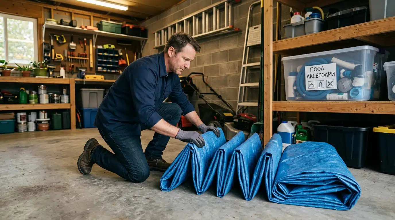 Rangement d'un liner de piscine plié dans un garage