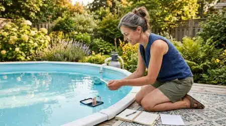 Femme testant le pH de l'eau de sa piscine hors-sol