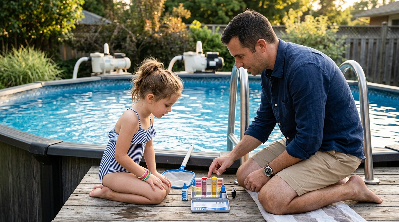 Père et fille vérifiant l'eau de la piscine hors-sol