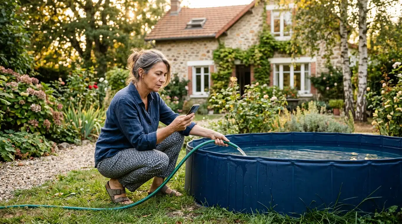 Femme remplissant une piscine hors-sol avec un tuyau d'eau