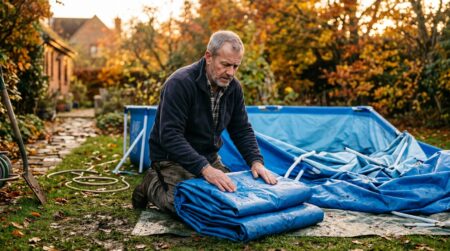 Homme pliant un liner de piscine hors-sol humide