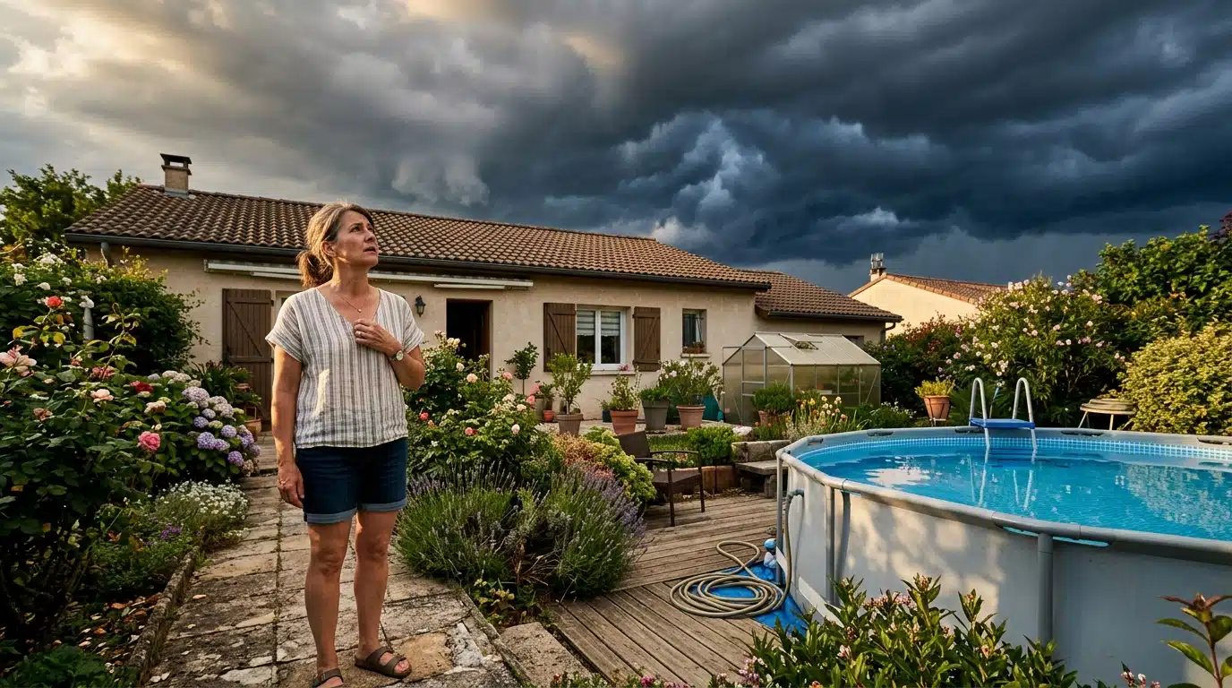 Femme inquiète regardant l'orage arriver au-dessus de sa piscine
