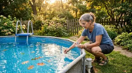 Propriétaire teste l'eau de sa piscine hors-sol fin août