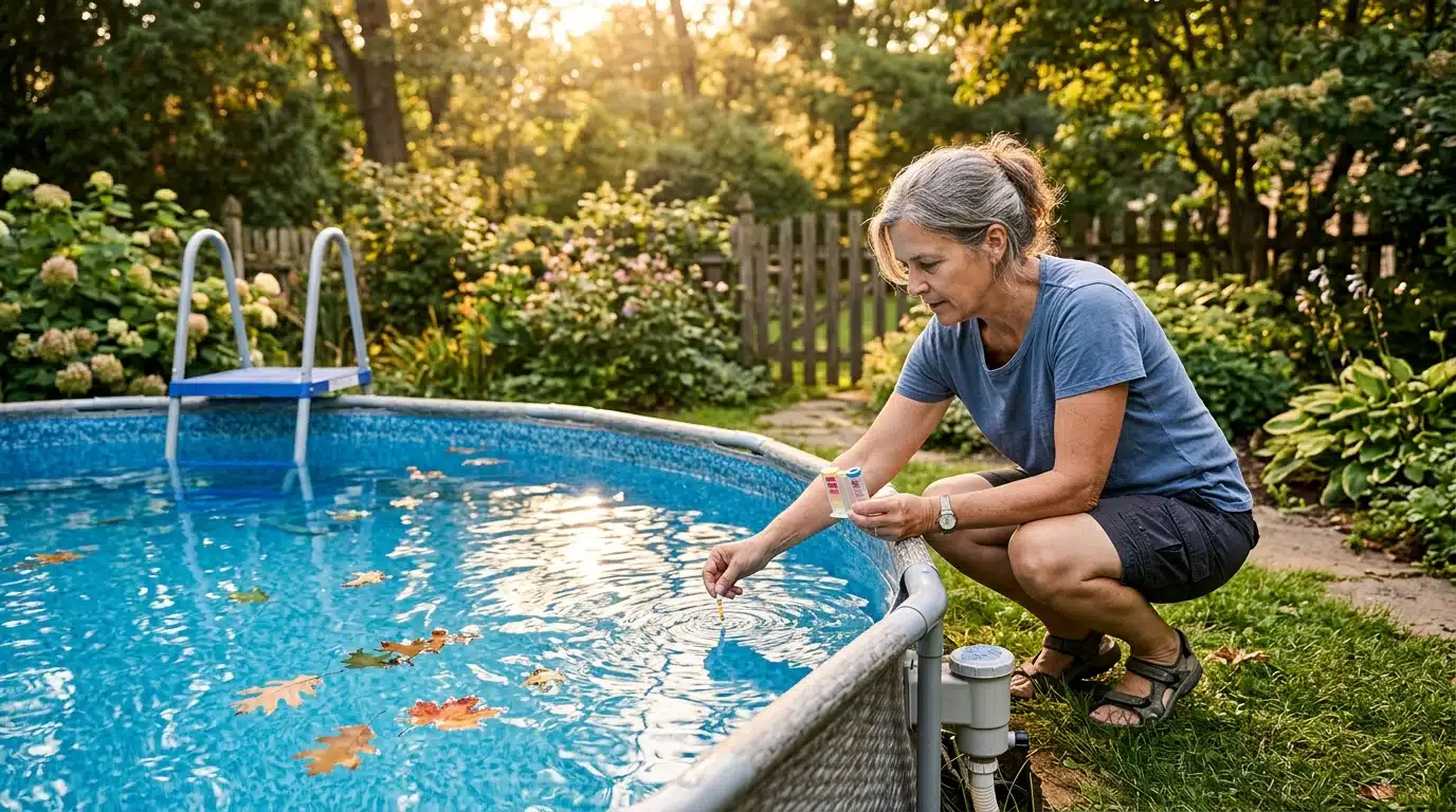 Propriétaire teste l'eau de sa piscine hors-sol fin août