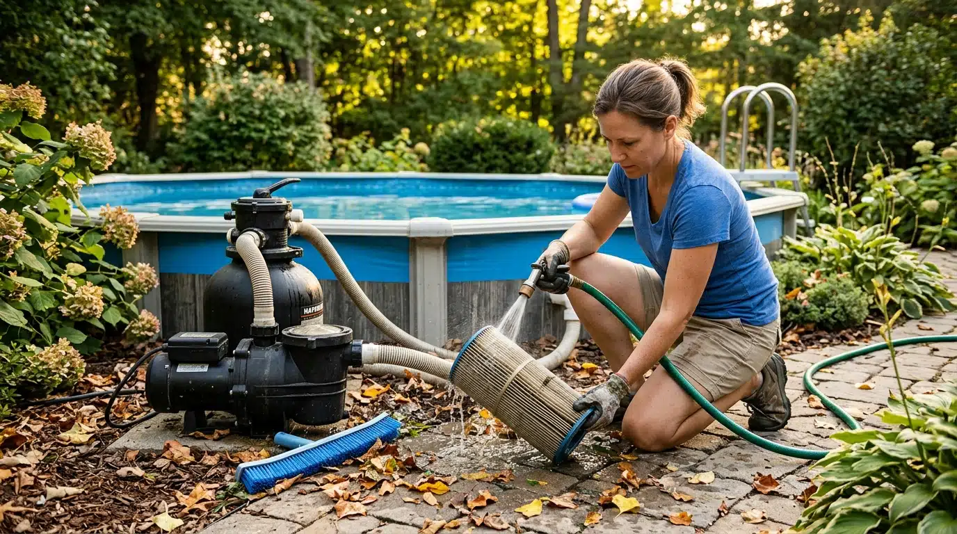 Nettoyage du filtre d'une piscine hors-sol en fin d'été
