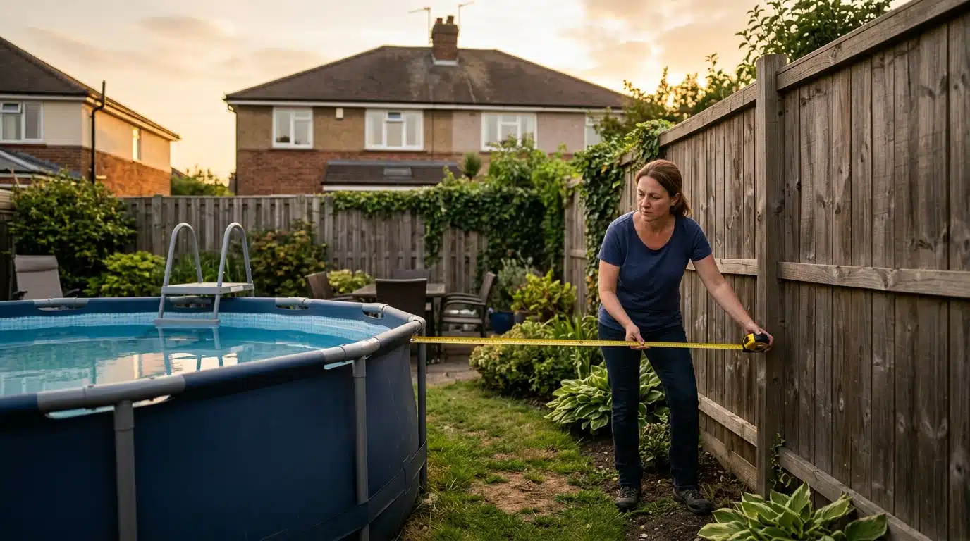 Femme mesurant la distance entre piscine et clôture