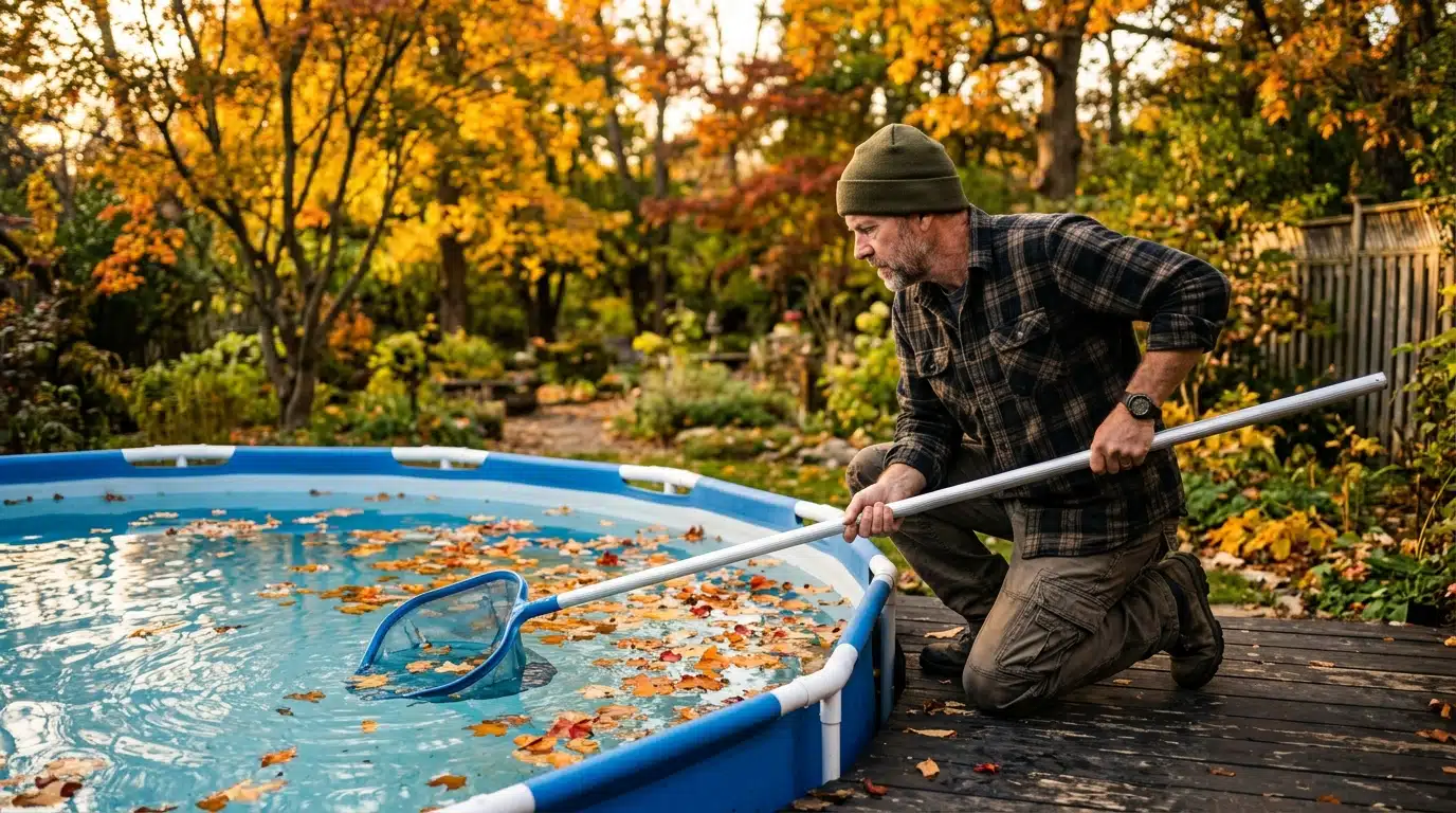 Homme entretenant sa piscine hors-sol en fin d'été