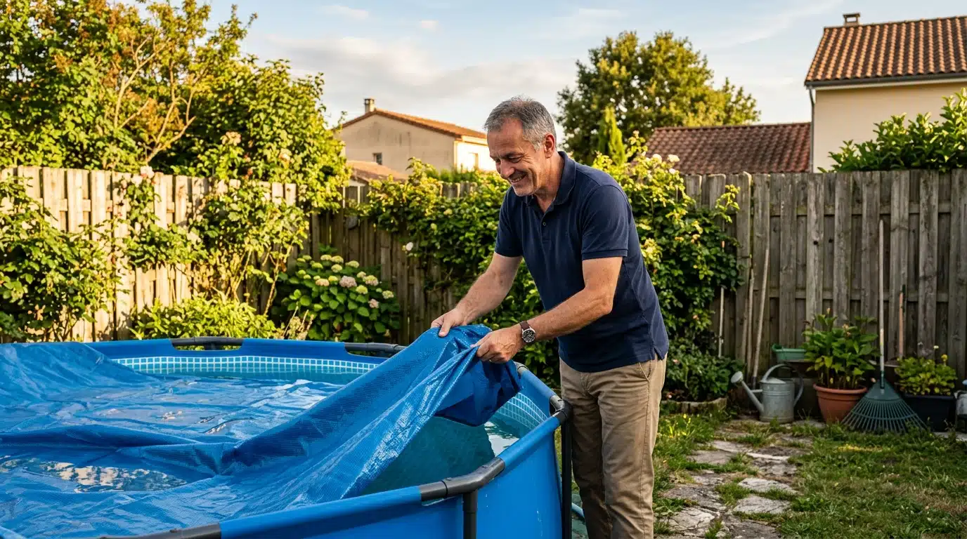 Homme pliant la bâche de sa piscine hors-sol au soleil