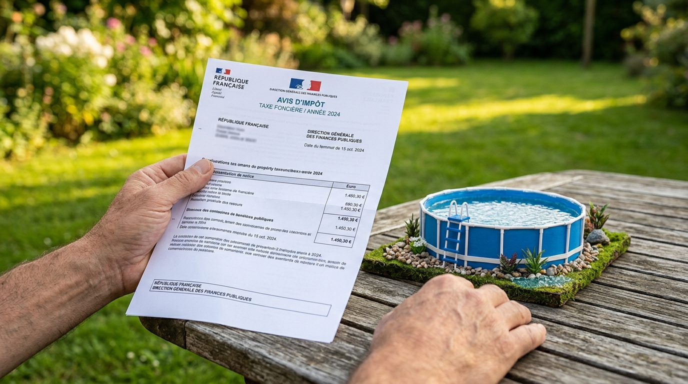 Avis d'imposition posé près d'une mini piscine ronde