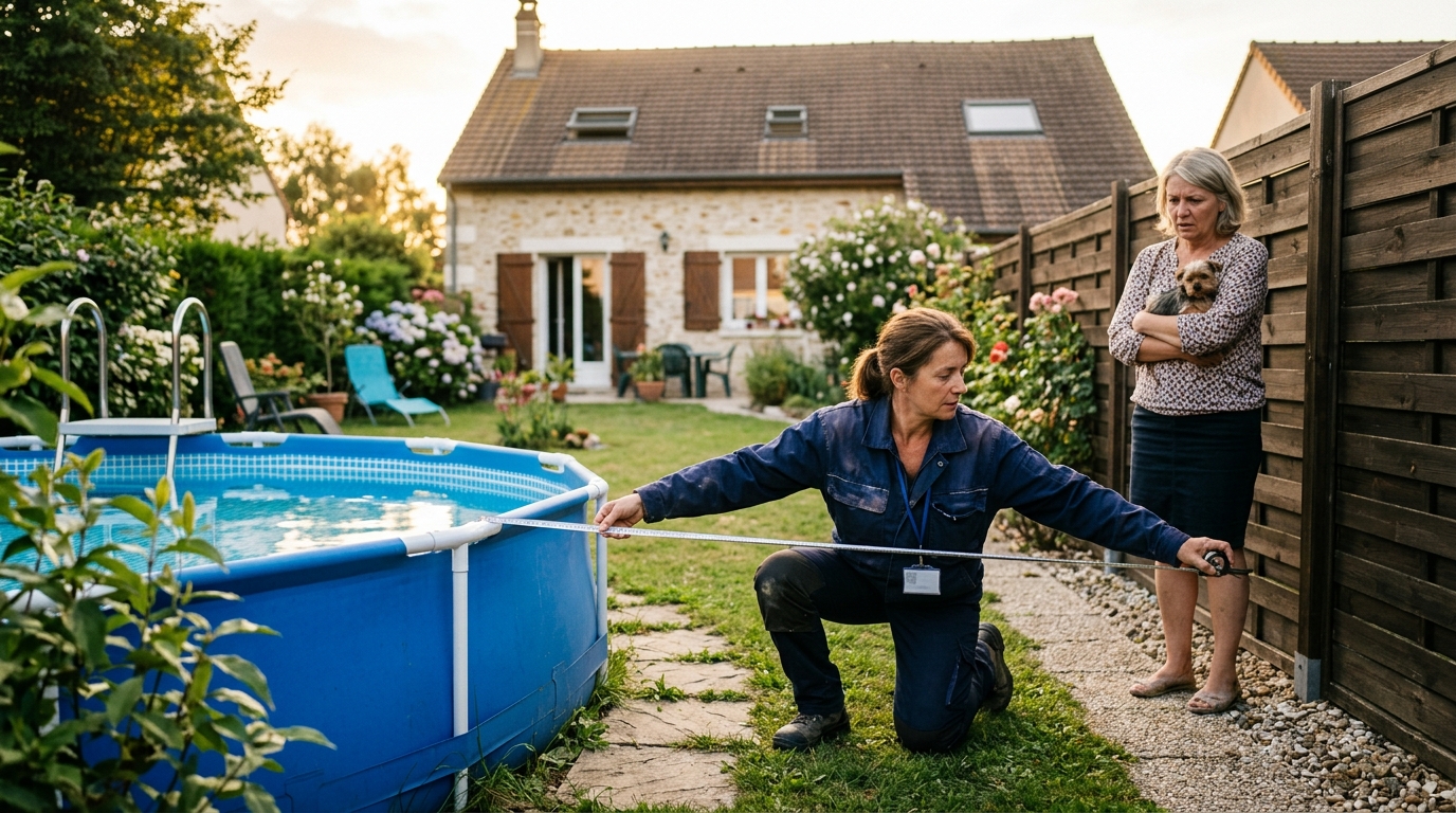 Agent municipal mesurant la distance d'une piscine hors-sol