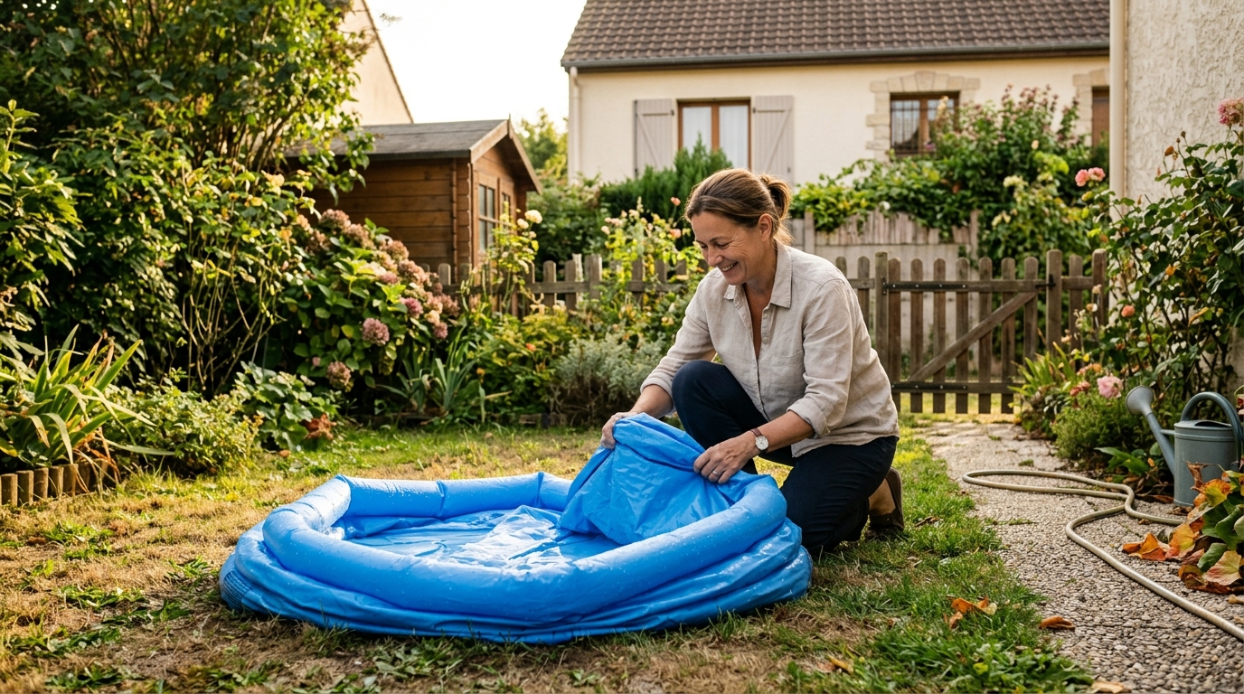 Propriétaire démontant sa piscine hors-sol en fin d'été