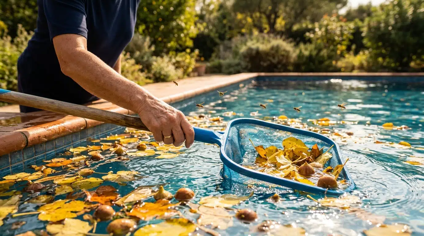 Épuisette retirant feuilles et figues tombées dans la piscine