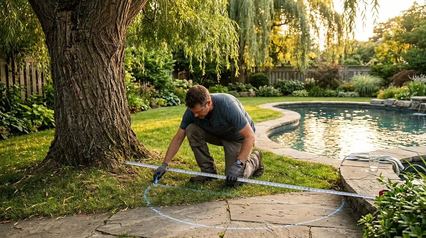Homme mesurant la distance entre un saule et la piscine