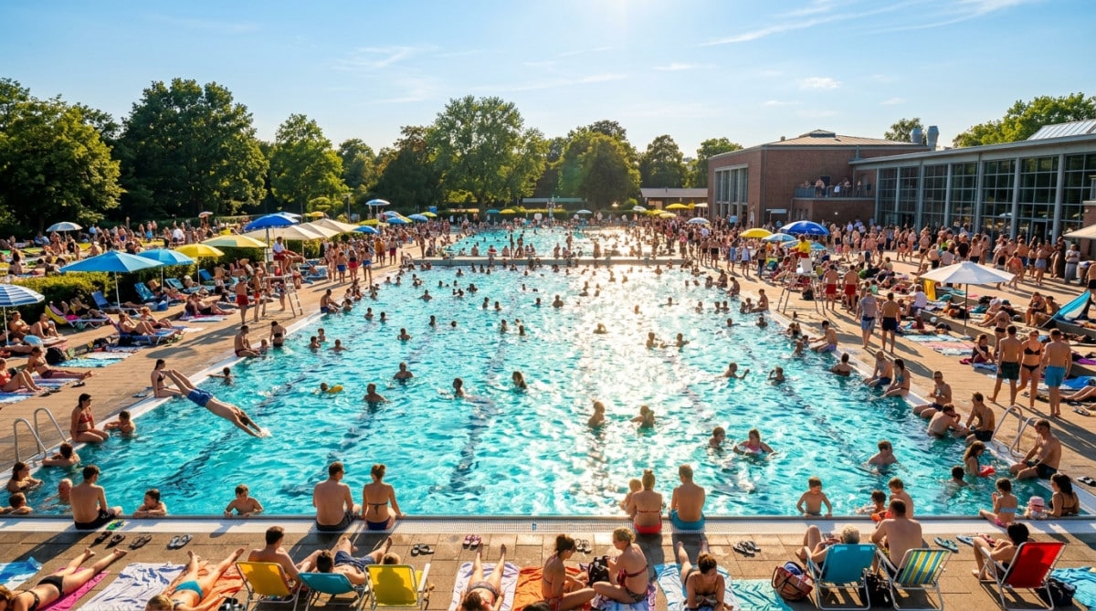 Piscine publique bondée sous le soleil d'été