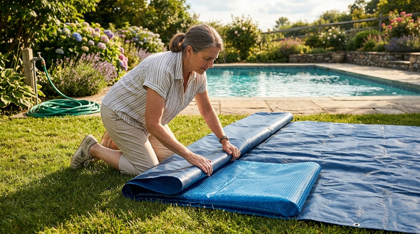 Femme pliant une bâche de piscine séchée au soleil