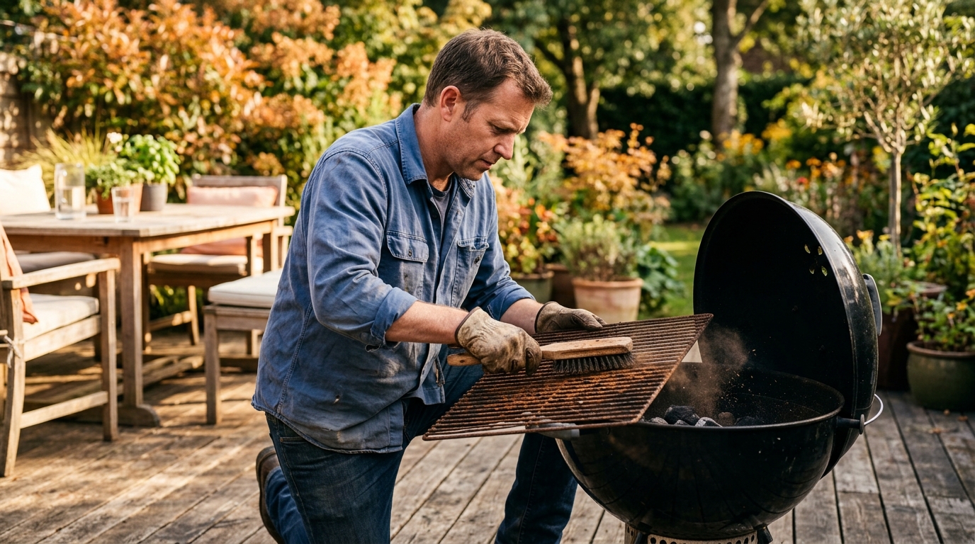 Homme nettoyant une grille de barbecue avant rangement