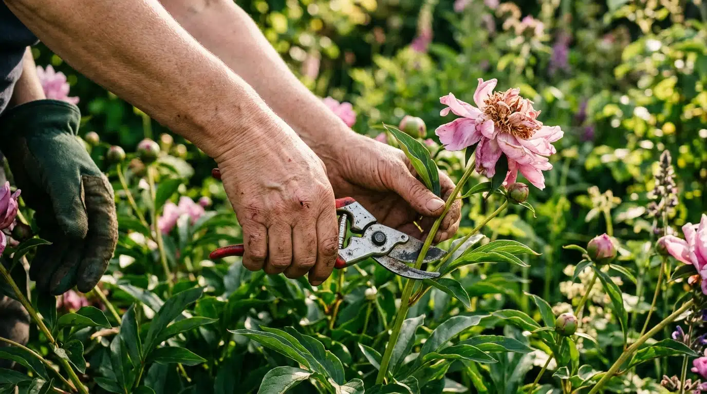 Main coupant une fleur de pivoine fanée au jardin