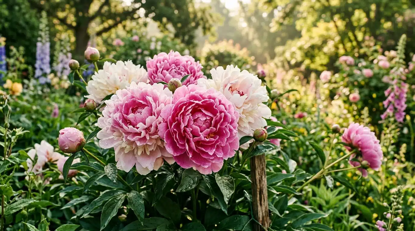 Pivoines roses géantes en pleine floraison au jardin