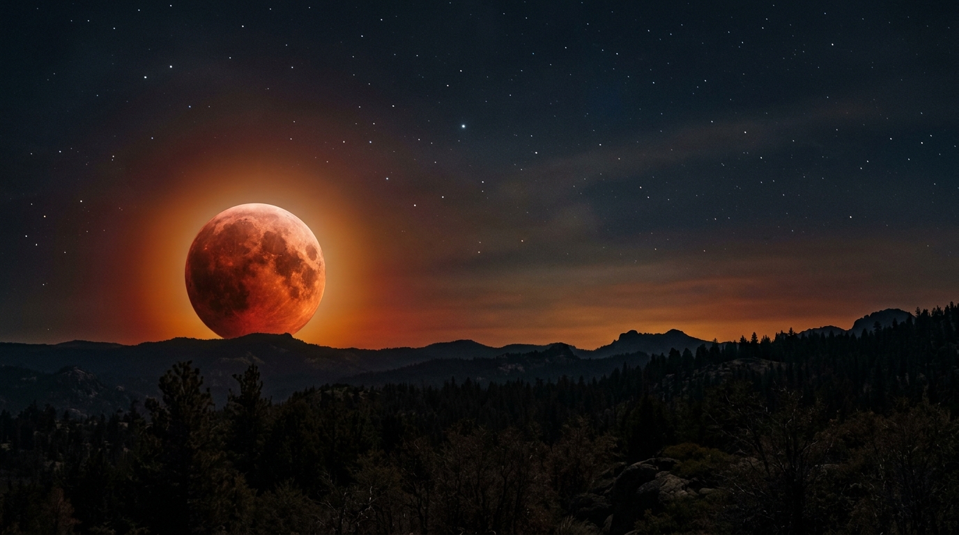 Pleine lune rouge cuivrée pendant une éclipse partielle
