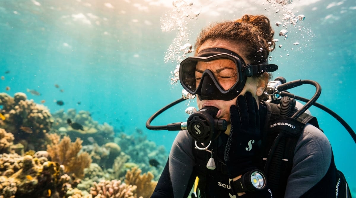 Plongeur en apnée avec spasme facial sous l'eau