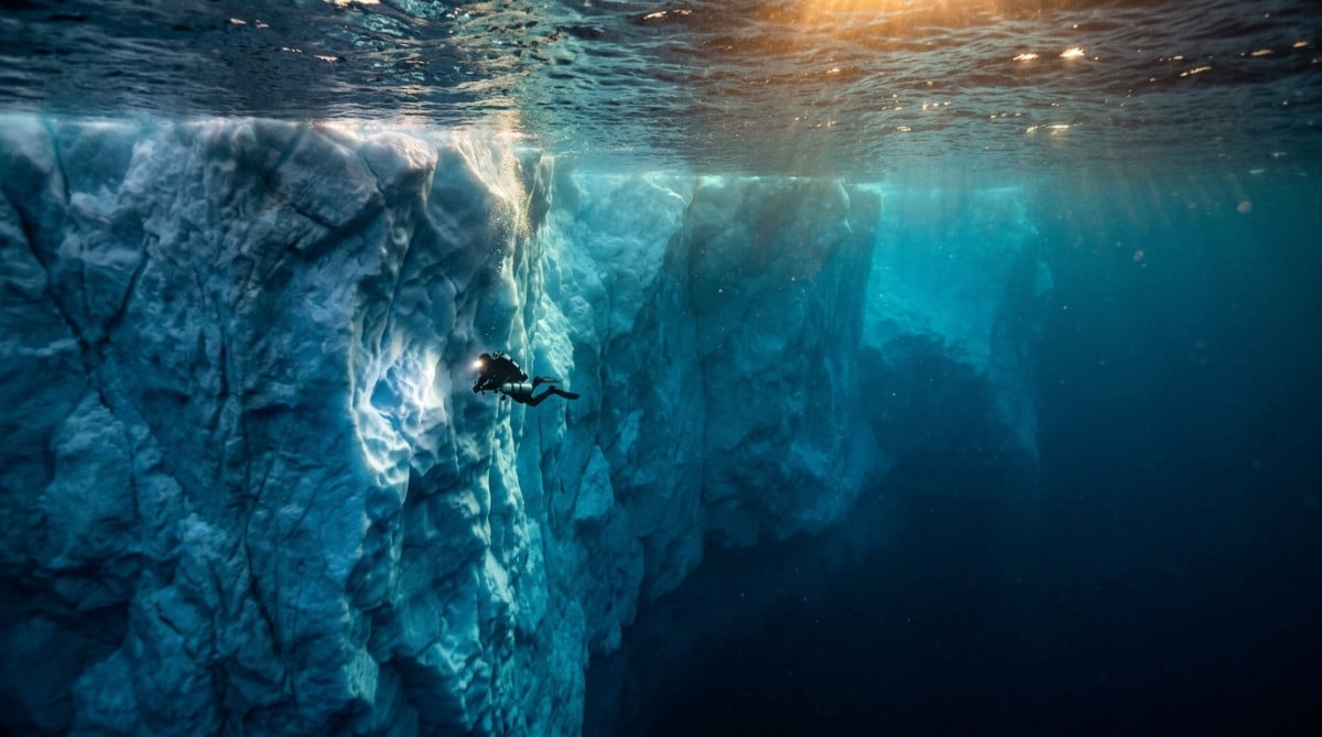Plongeur explorant la partie immergée massive d'un iceberg