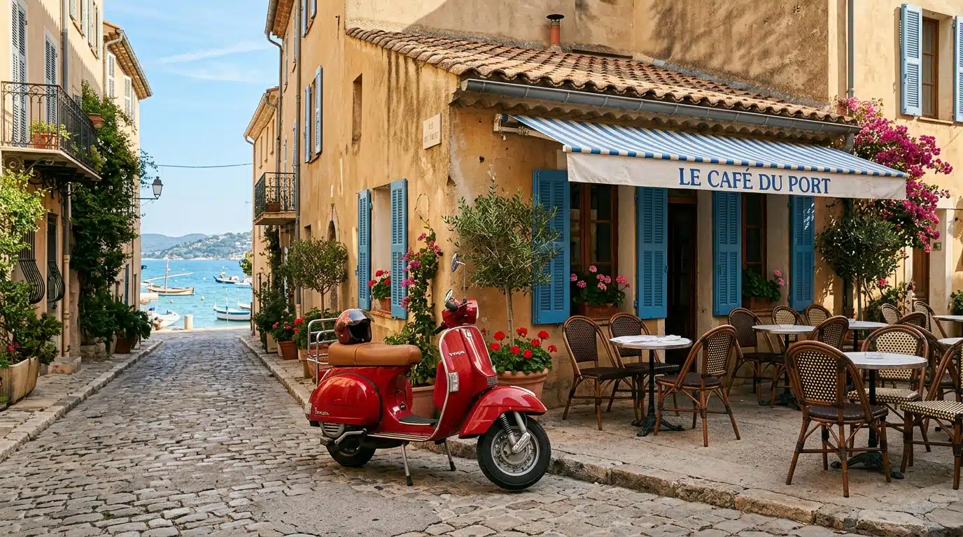 Scooter rouge garé devant une terrasse de bar méditerranéen