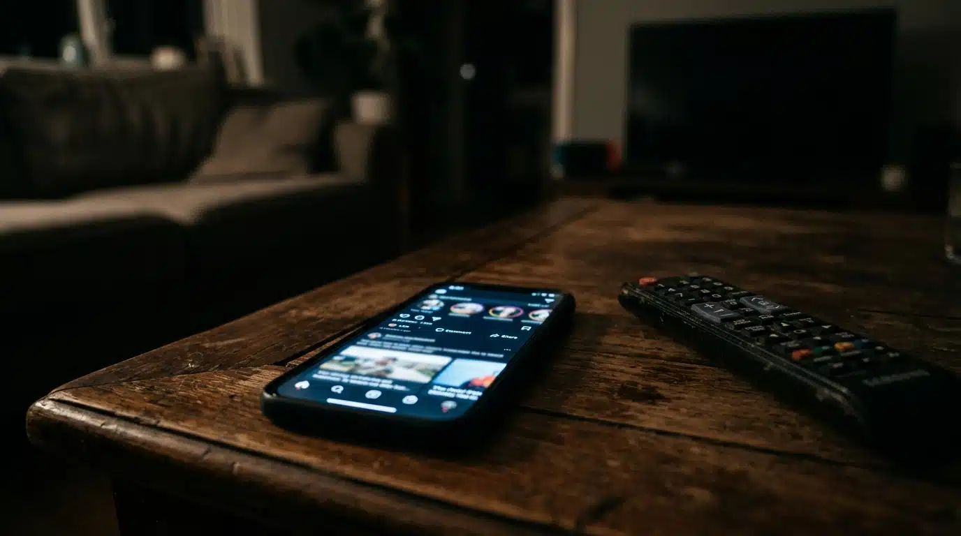 Smartphone et télécommande sur table basse le soir