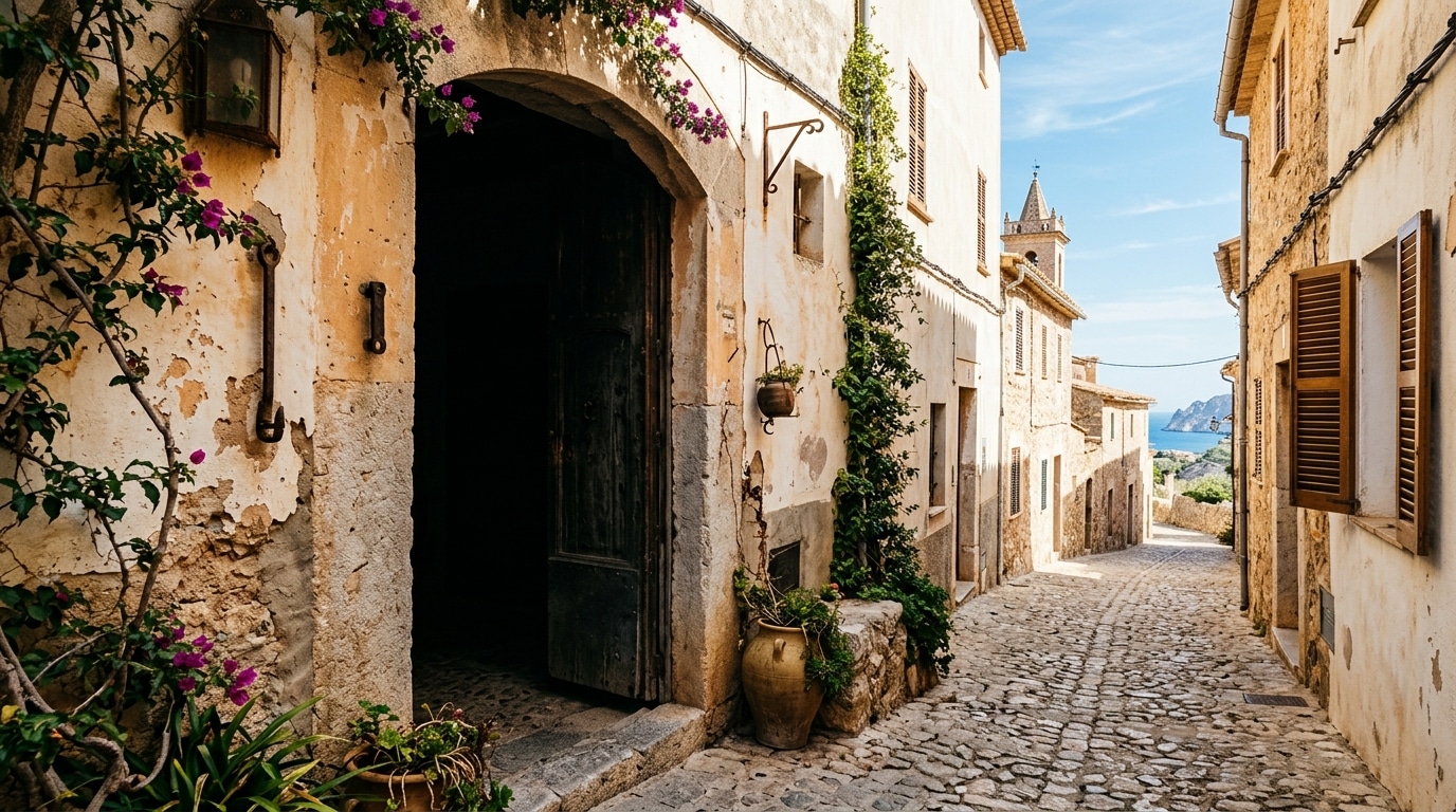 Ruelle ensoleillée avec une porte dans l'ombre, ambiance mystérieuse