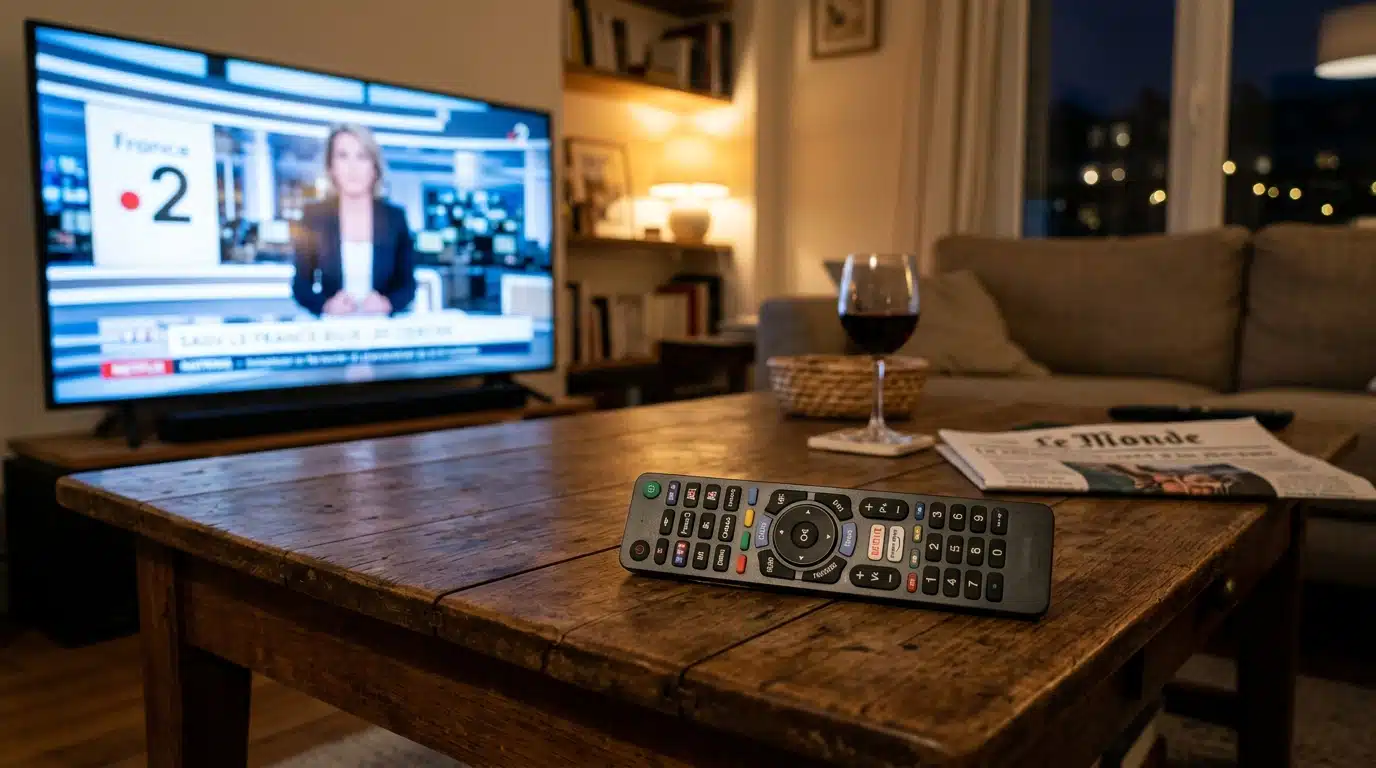 Télécommande devant un écran de télévision allumé le soir