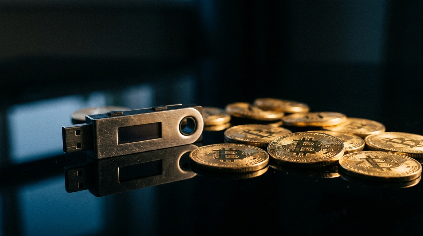 Petit boîtier de portefeuille Bitcoin près de pièces dorées