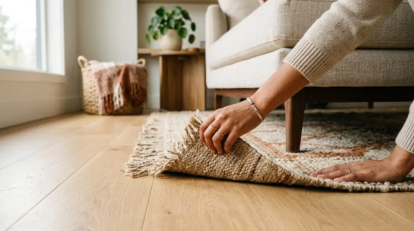 Main ajustant un tapis beige près d'un canapé