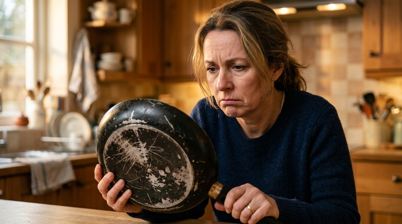 Femme regardant une poêle antiadhésive abîmée en cuisine