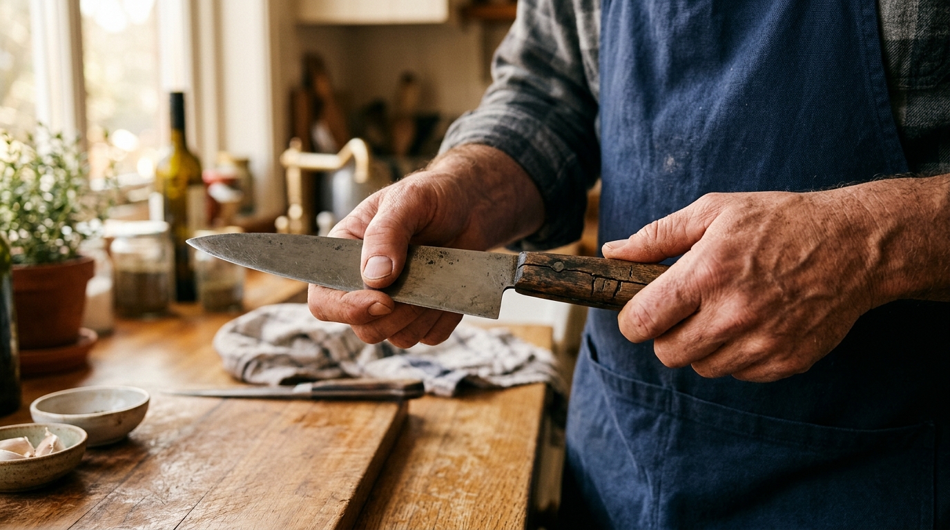 Main testant le tranchant émoussé d'un couteau de chef