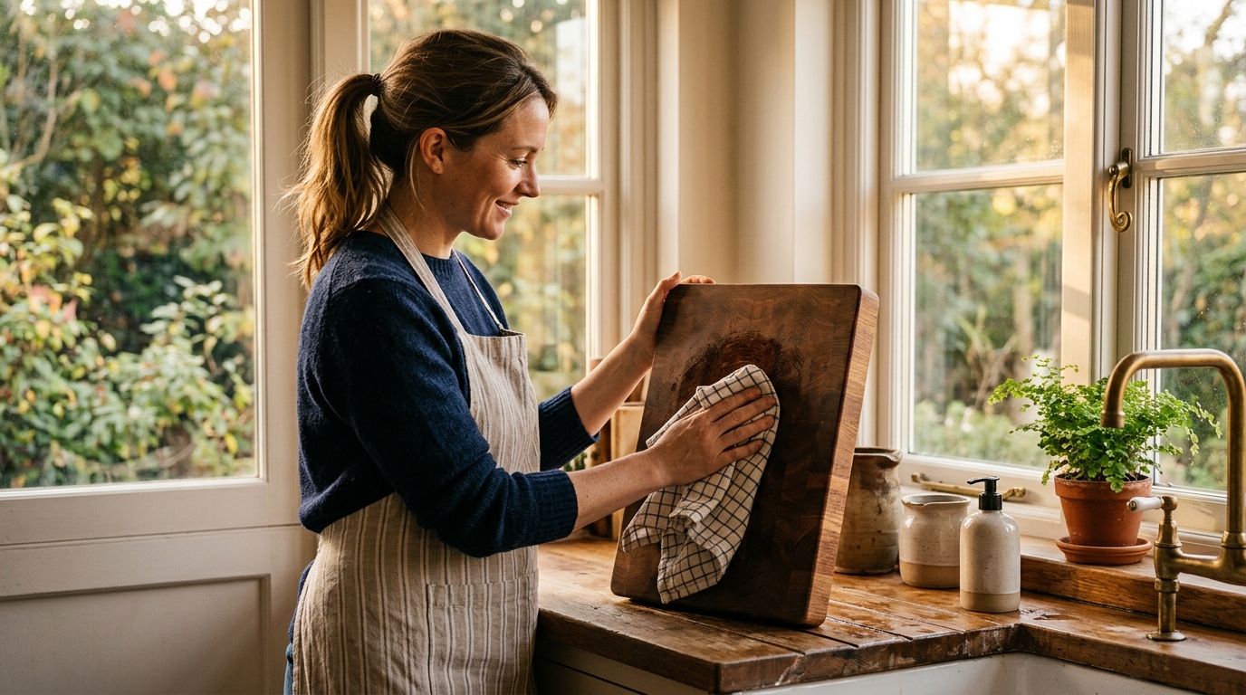 Femme séchant une planche à découper en bois debout