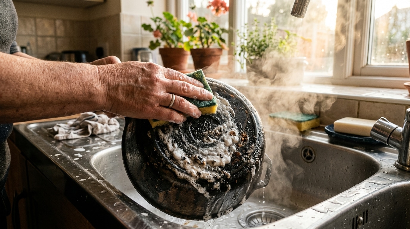 Nettoyage d'une casserole brûlée avec du bicarbonate
