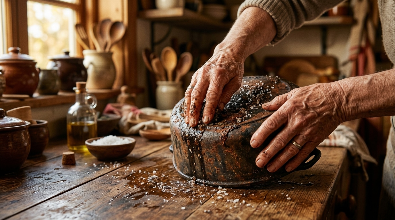 Mains frottant une cocotte en fonte rouillée avec du sel