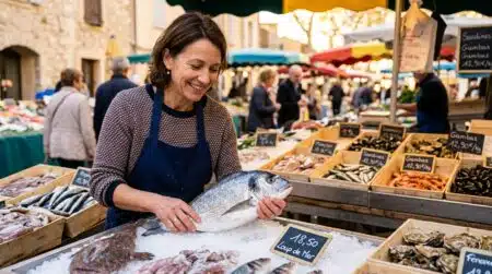 Femme choisissant un poisson frais au marché