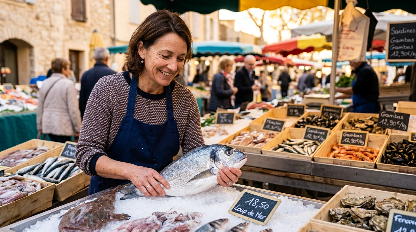 Femme choisissant un poisson frais au marché