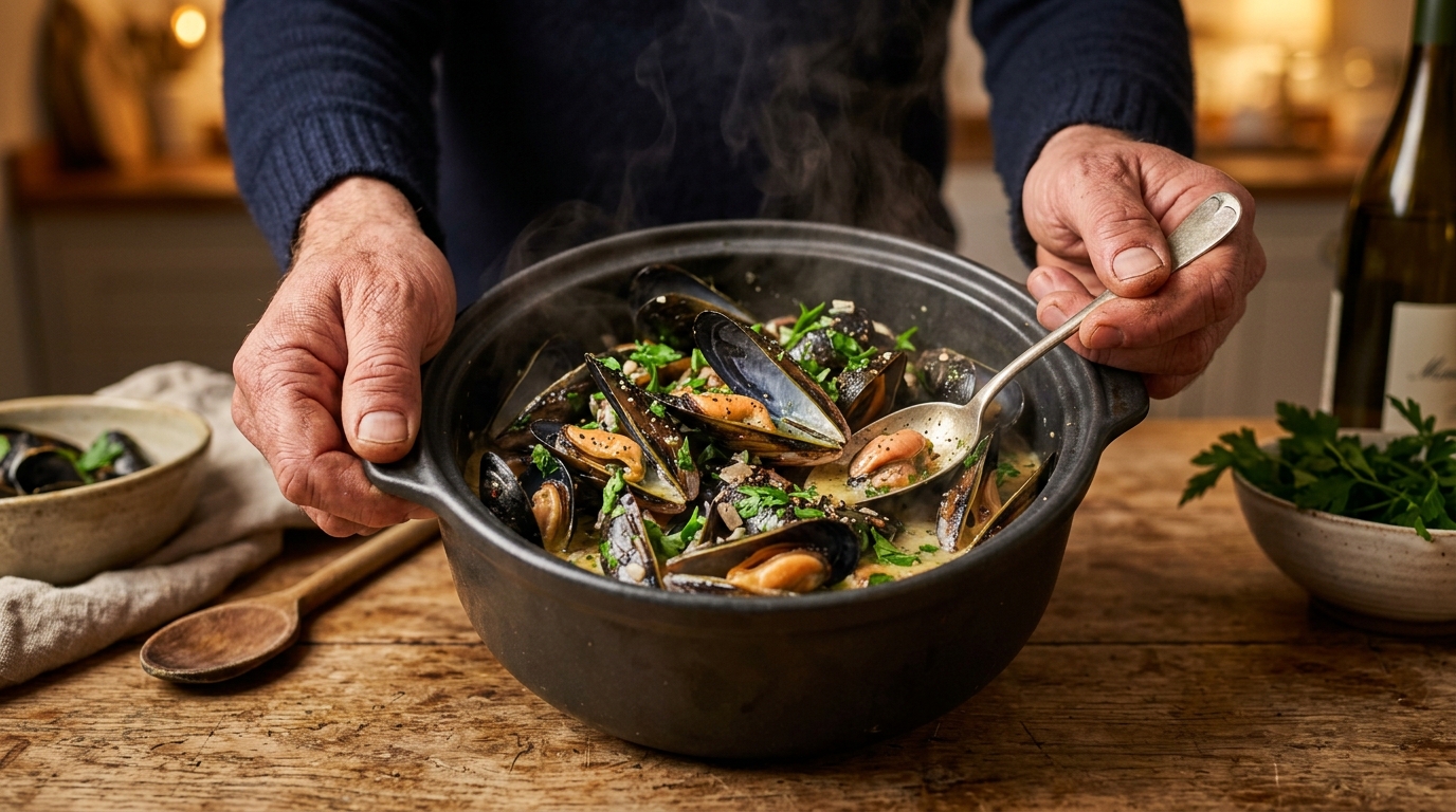 Moules marinière fumantes dans une casserole