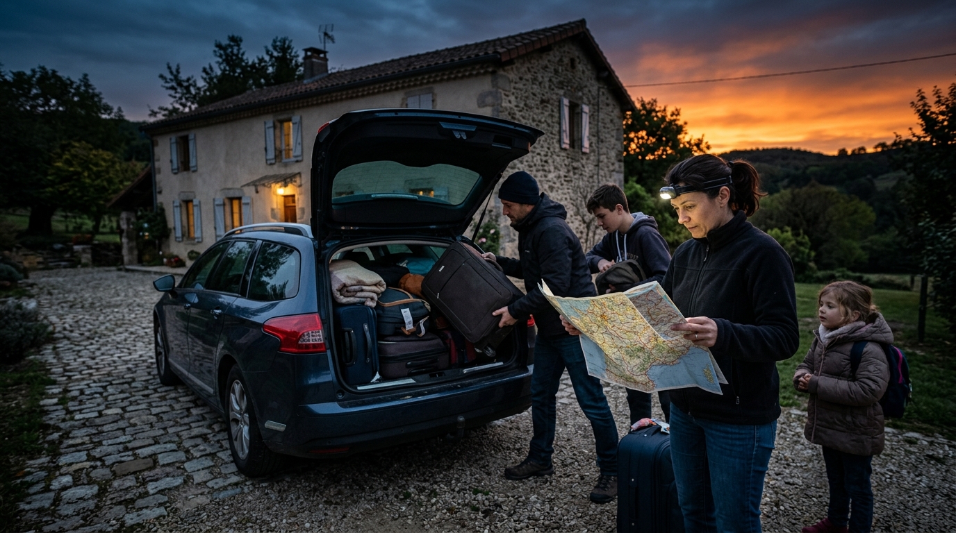 Famille chargeant la voiture tôt le matin avant de partir