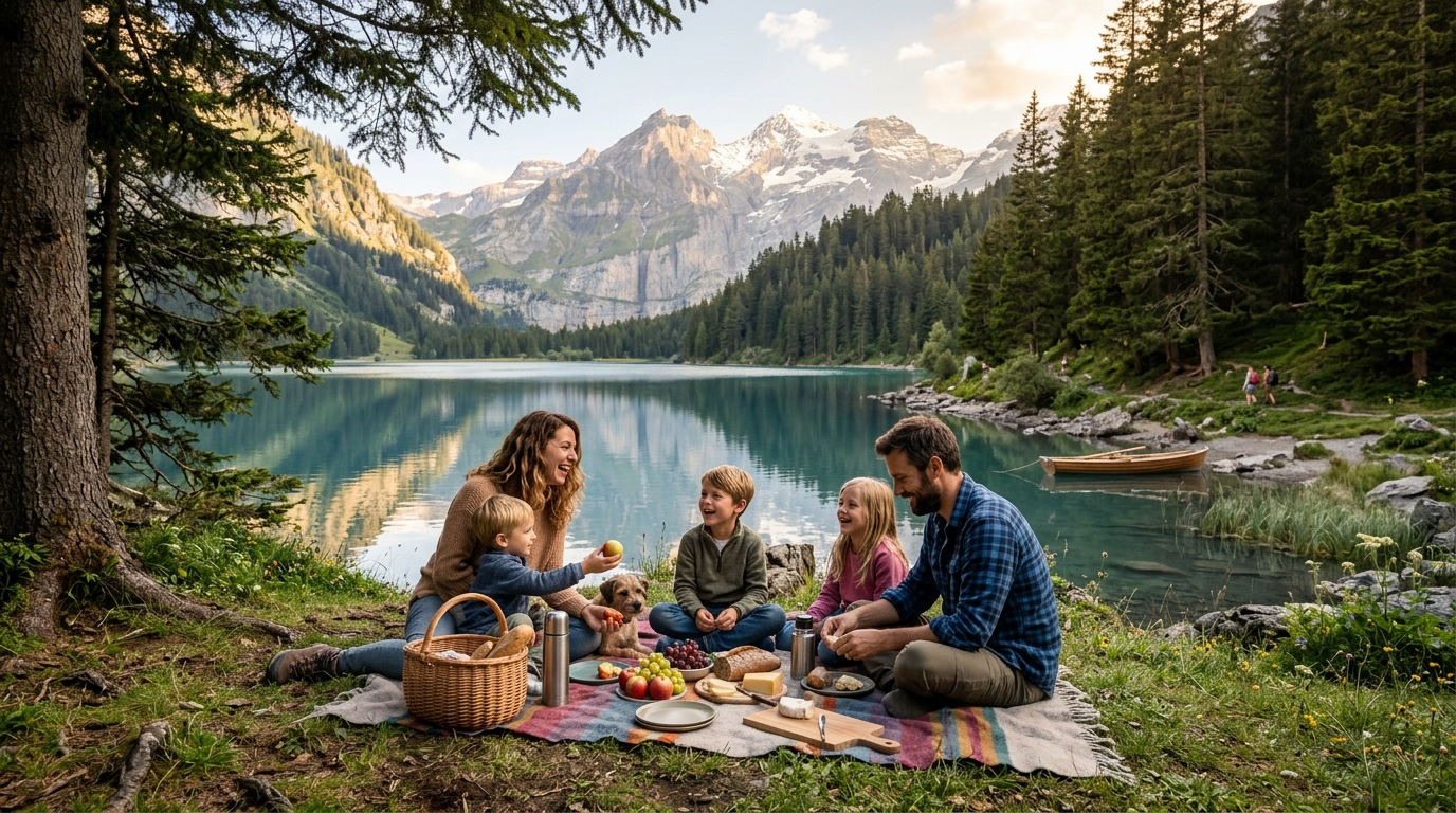 Famille pique-niquant au bord d'un lac alpin frais