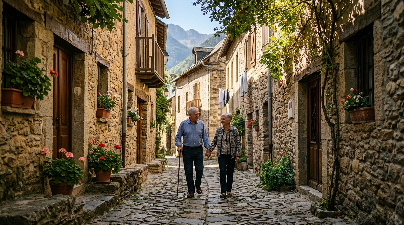 Couple se promenant dans un village pyrénéen ombragé
