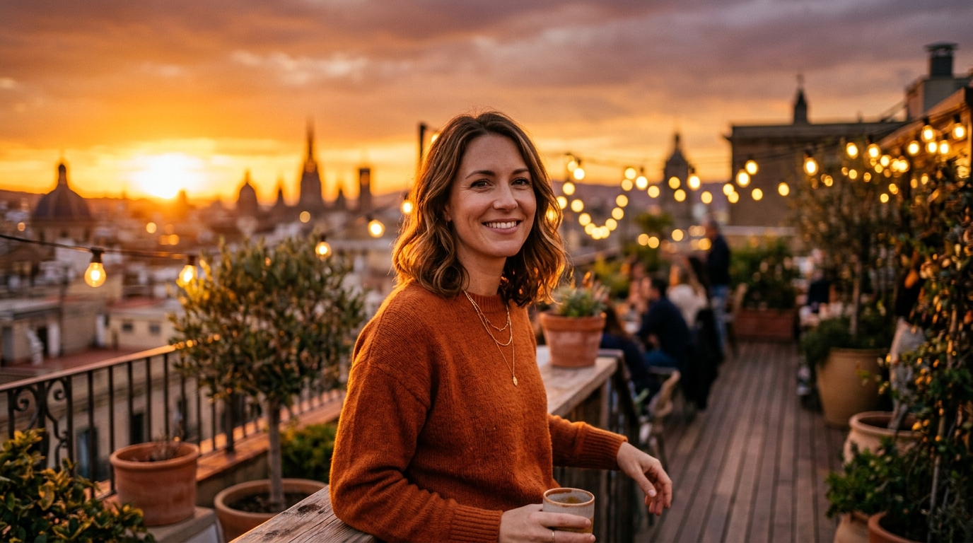 Femme souriante sur une terrasse au coucher du soleil